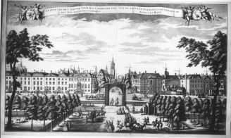 De Leidsestraatweg, Bosbrug, Prinsessegracht en Korte Voorhout op een prent van Leon Schenk uit 1720. Identificatienummer z.gr. 169.