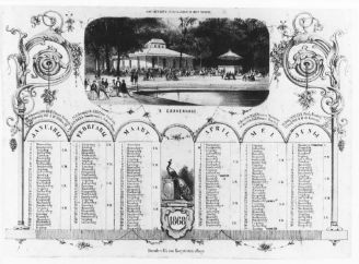 Kalenderblad voor het eerste halfjaar van 1868 met de Sociëteitstent van “De Witte” in het Haagse Bos en een muziektent. Identificatienummer kl. B 615.